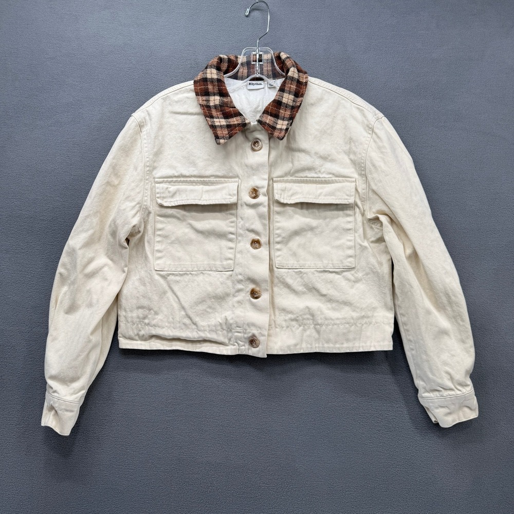 Rhythm Cropped Utility Jacket Womens Small Cream Herringbone Plaid Collar Cotton